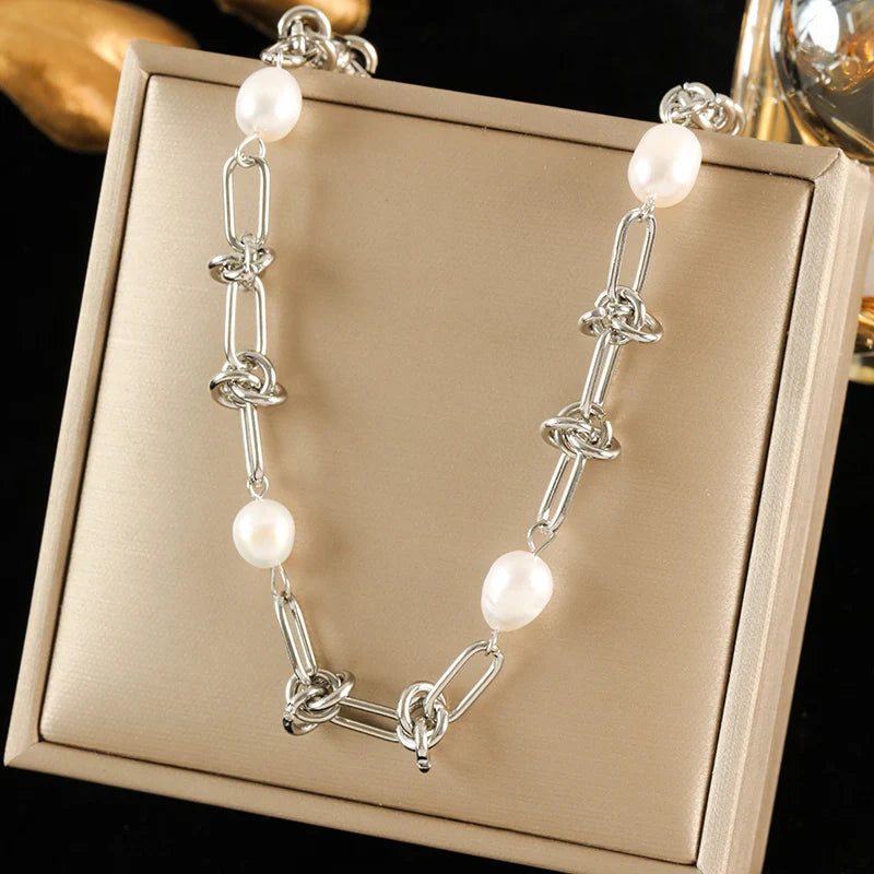 Necklace Aria in Pearl + chain Silver — elegant stainless steel necklace by Élan by AKI