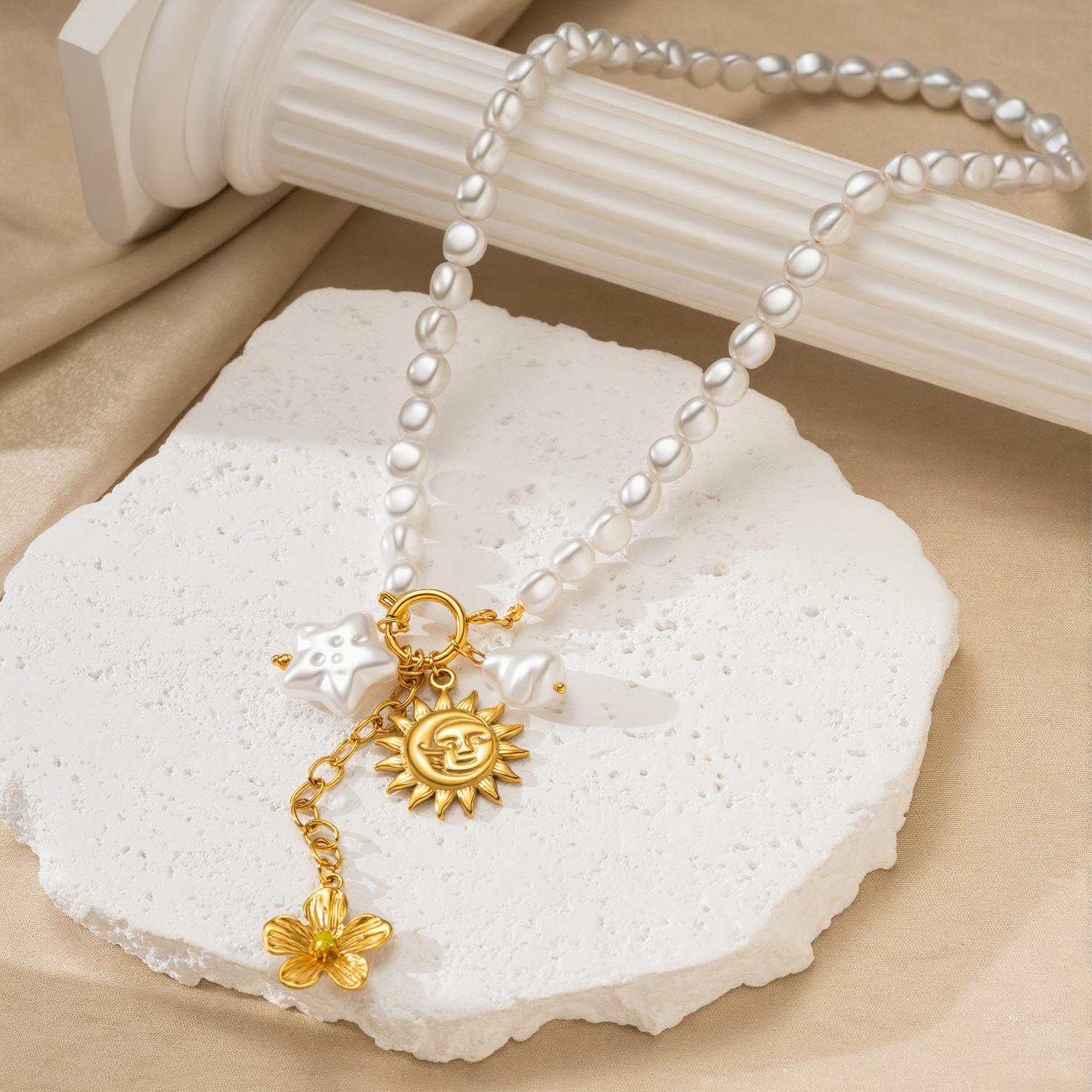 Opaline Necklace — pearl bead and gold celestial charm necklace by Élan by AKI