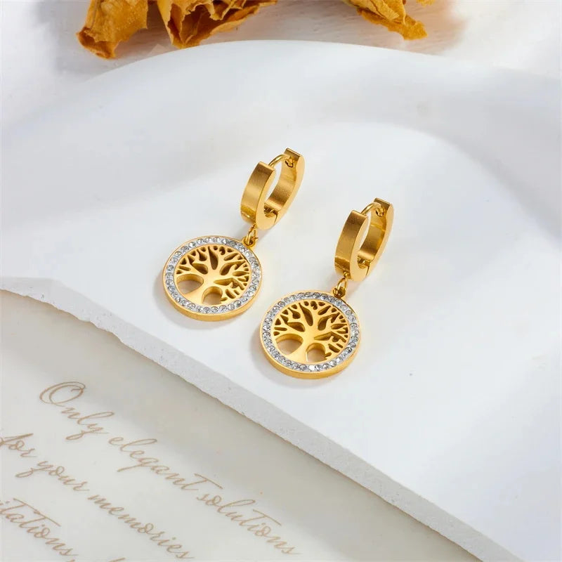 Vida Set — gold Tree of Life drop earrings and layered pendant necklace by Élan by AKI