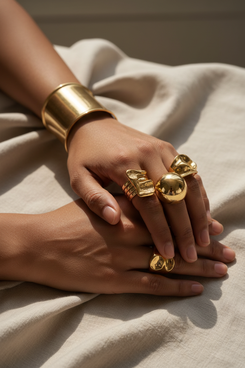 South Asian skin – chunky gold rings & cuff bracelet, hands close-up